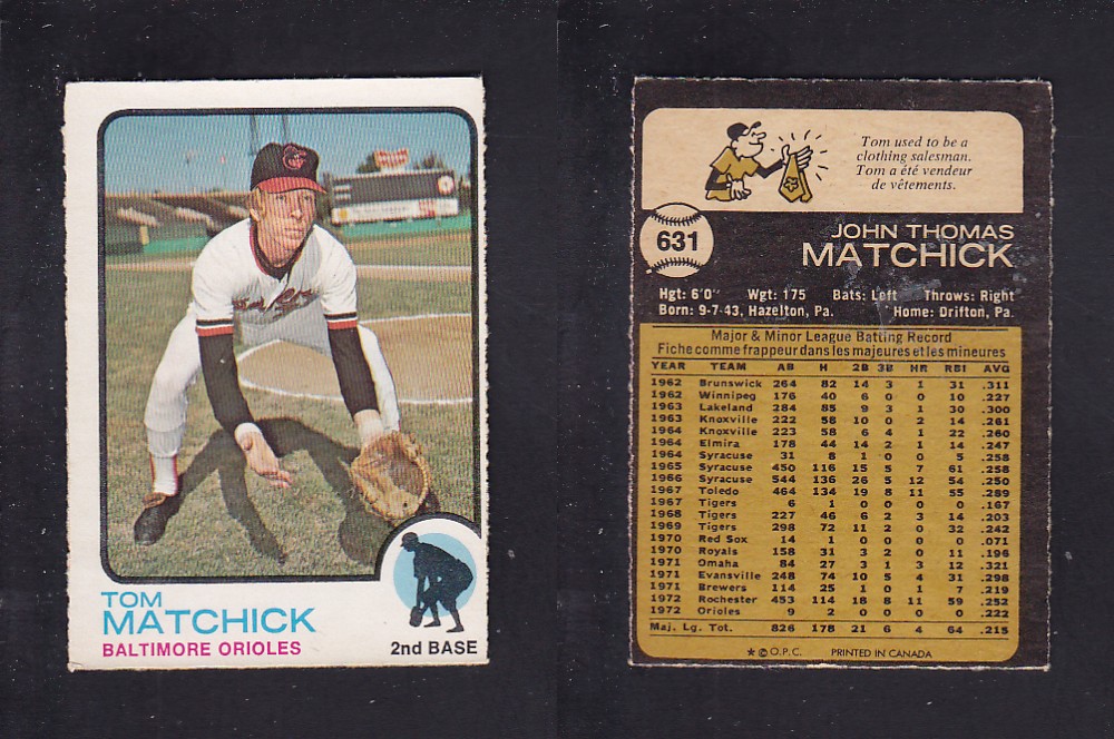 1973 O-PEE-CHEE BASEBALL CARD #631 T. MATCHICK photo 1973 O-PEE-CHEE BASEBALL CARD #631 T. MATCHICK photo