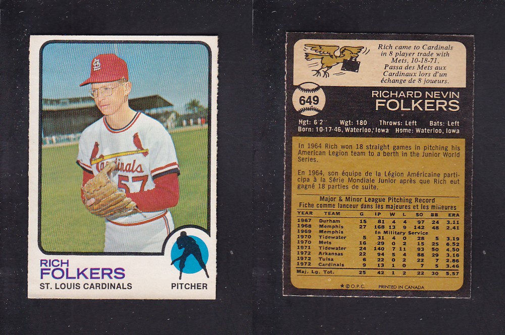 1973 O-PEE-CHEE BASEBALL CARD #649 R. FOLKERS photo 1973 O-PEE-CHEE BASEBALL CARD #649 R. FOLKERS photo