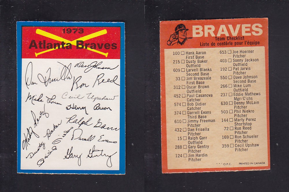 1973 O-PEE-CHEE BASEBALL CARD TEAM CHECKLISTS ATLANTA BRAVES photo 1973 O-PEE-CHEE BASEBALL CARD TEAM CHECKLISTS ATLANTA BRAVES photo