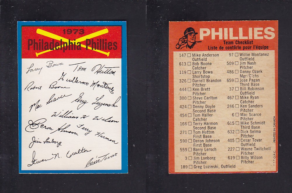 1973 O-PEE-CHEE BASEBALL CARD TEAM CHECKLISTS PHILADELPHIA PHILLIES photo 1973 O-PEE-CHEE BASEBALL CARD TEAM CHECKLISTS PHILADELPHIA PHILLIES photo