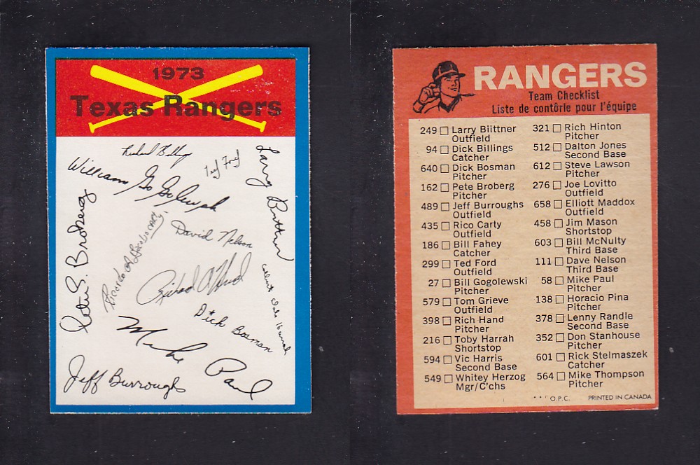 1973 O-PEE-CHEE BASEBALL CARD TEAM CHECKLISTS TEXAS RANGERS photo 1973 O-PEE-CHEE BASEBALL CARD TEAM CHECKLISTS TEXAS RANGERS photo