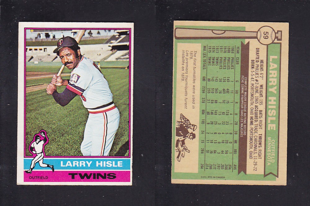 1976 O-PEE-CHEE BASEBALL CARD #59 L. HISLE photo 1976 O-PEE-CHEE BASEBALL CARD #59 L. HISLE photo