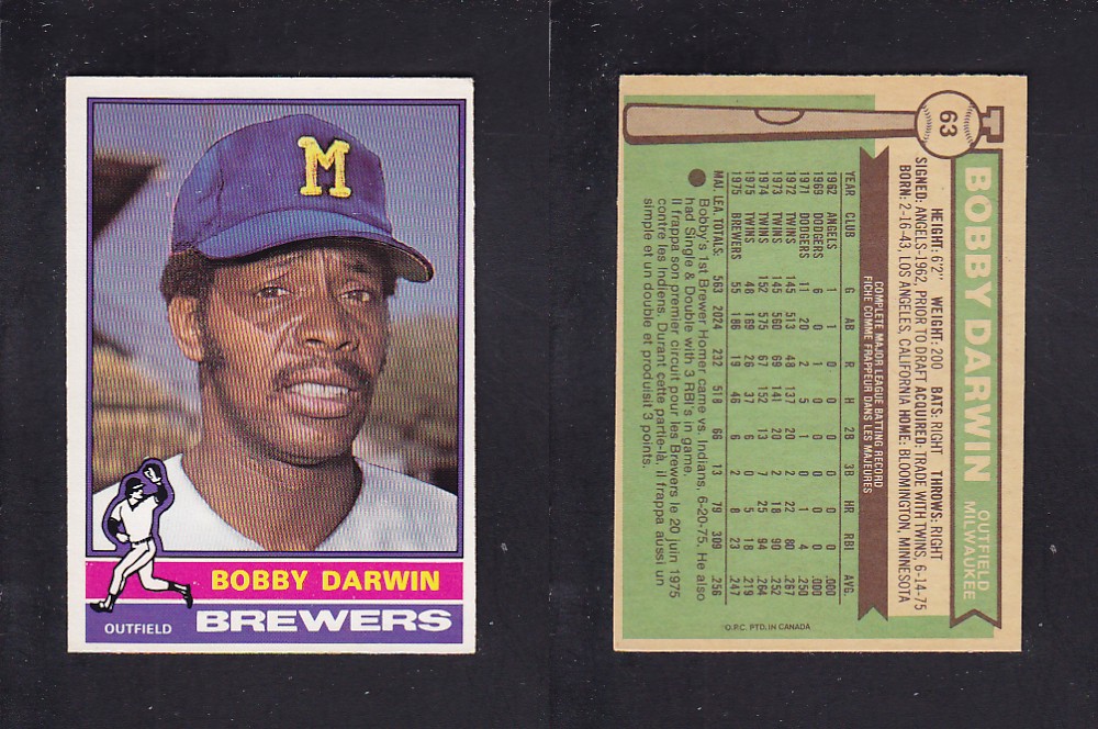 1976 O-PEE-CHEE BASEBALL CARD #63 B. DARWIN photo