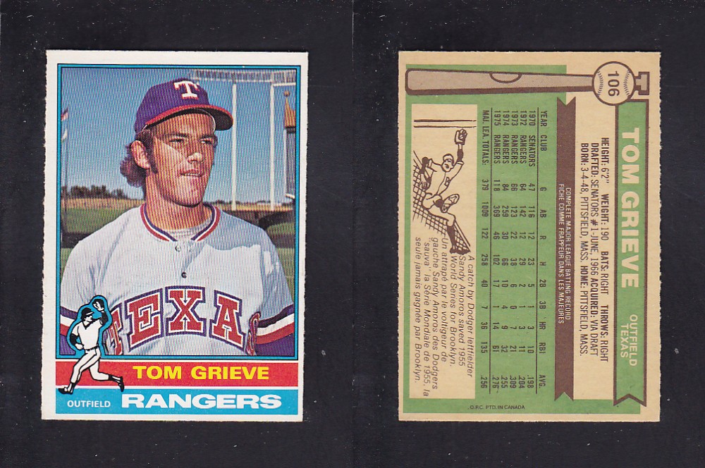 1976 O-PEE-CHEE BASEBALL CARD #106 T. GRIEVE photo 1976 O-PEE-CHEE BASEBALL CARD #106 T. GRIEVE photo