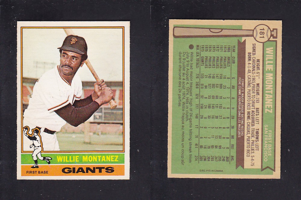 1976 O-PEE-CHEE BASEBALL CARD #181 W. MONTANEZ photo 1976 O-PEE-CHEE BASEBALL CARD #181 W. MONTANEZ photo