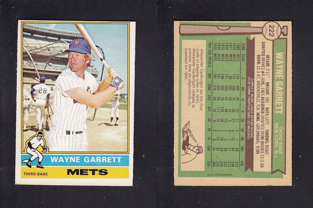 1976 O-PEE-CHEE BASEBALL CARD #222 W. GARRETT photo