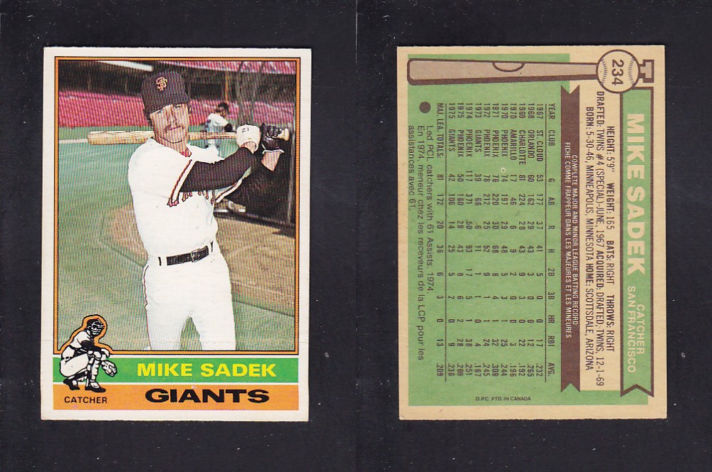 1976 O-PEE-CHEE BASEBALL CARD #234 M. SADEK photo 1976 O-PEE-CHEE BASEBALL CARD #234 M. SADEK photo