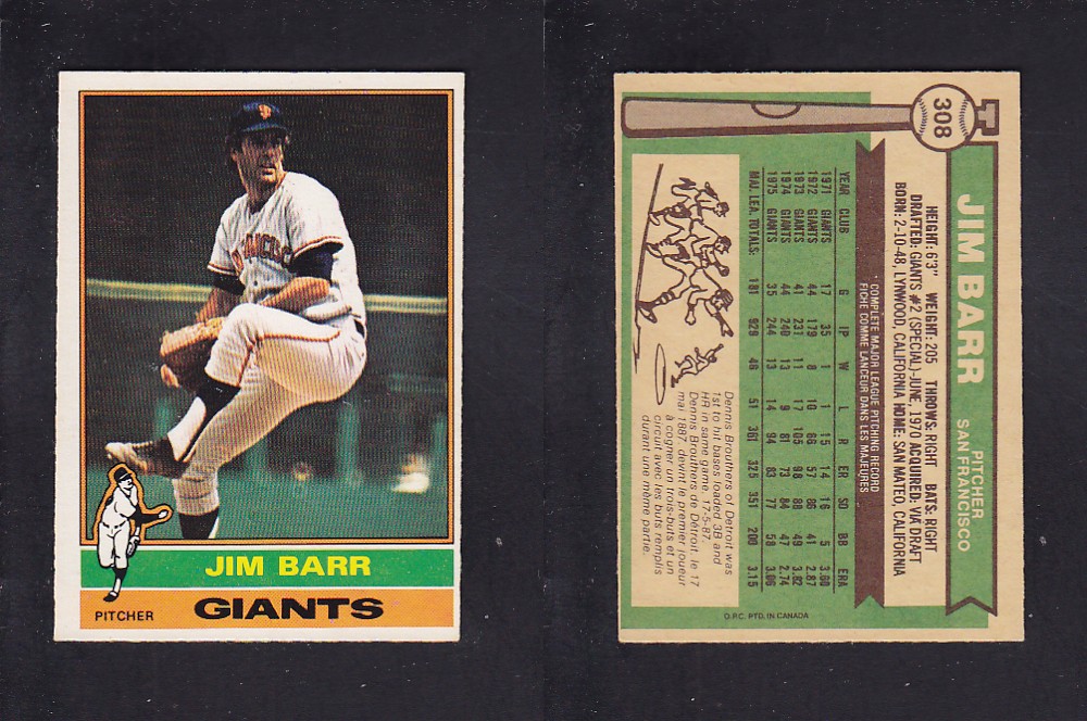 1976 O-PEE-CHEE BASEBALL CARD #308 J. BARR photo 1976 O-PEE-CHEE BASEBALL CARD #308 J. BARR photo