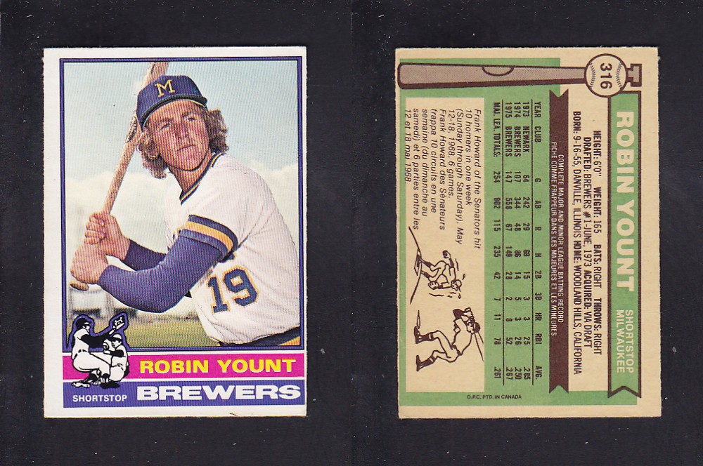 1976 O-PEE-CHEE BASEBALL CARD #316 R. YOUNT photo 1976 O-PEE-CHEE BASEBALL CARD #316 R. YOUNT photo
