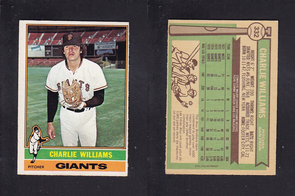1976 O-PEE-CHEE BASEBALL CARD #332 C. WILLIAMS photo 1976 O-PEE-CHEE BASEBALL CARD #332 C. WILLIAMS photo