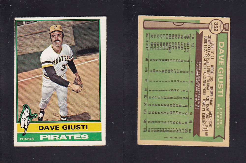 1976 O-PEE-CHEE BASEBALL CARD #352 D. GIUSTI photo 1976 O-PEE-CHEE BASEBALL CARD #352 D. GIUSTI photo