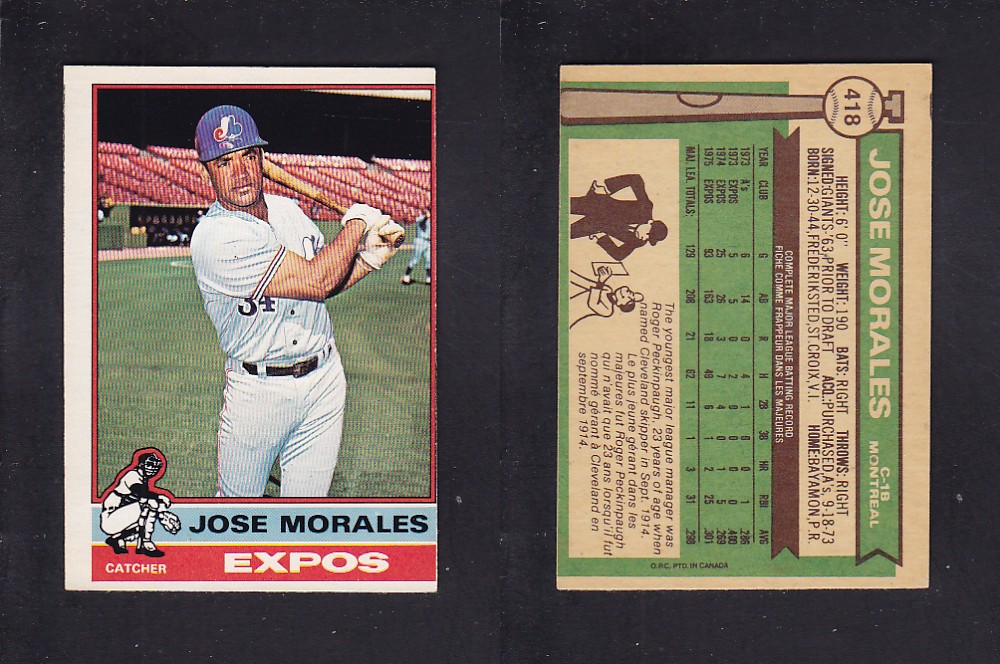 1976 O-PEE-CHEE BASEBALL CARD #418 J. MORALES photo 1976 O-PEE-CHEE BASEBALL CARD #418 J. MORALES photo
