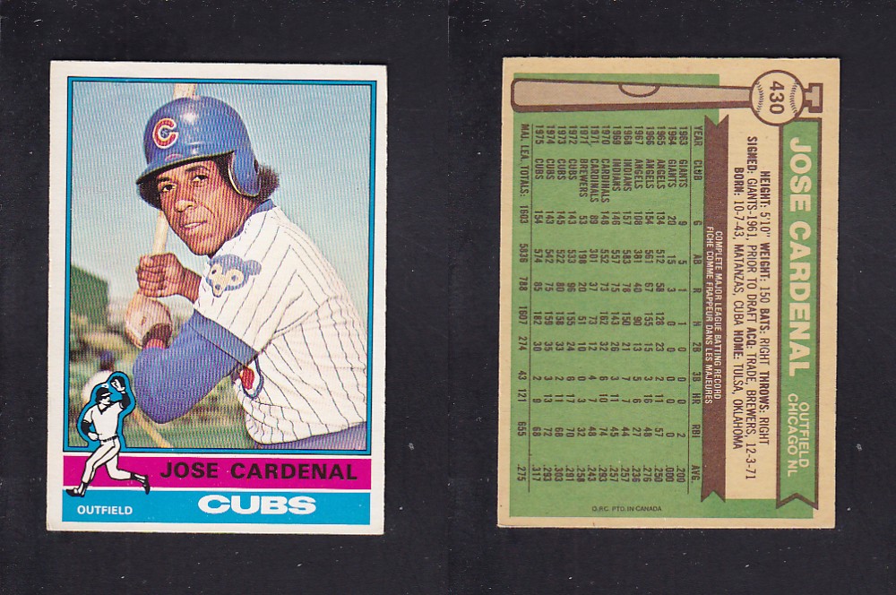 1976 O-PEE-CHEE BASEBALL CARD #430 J. CARDENAL photo