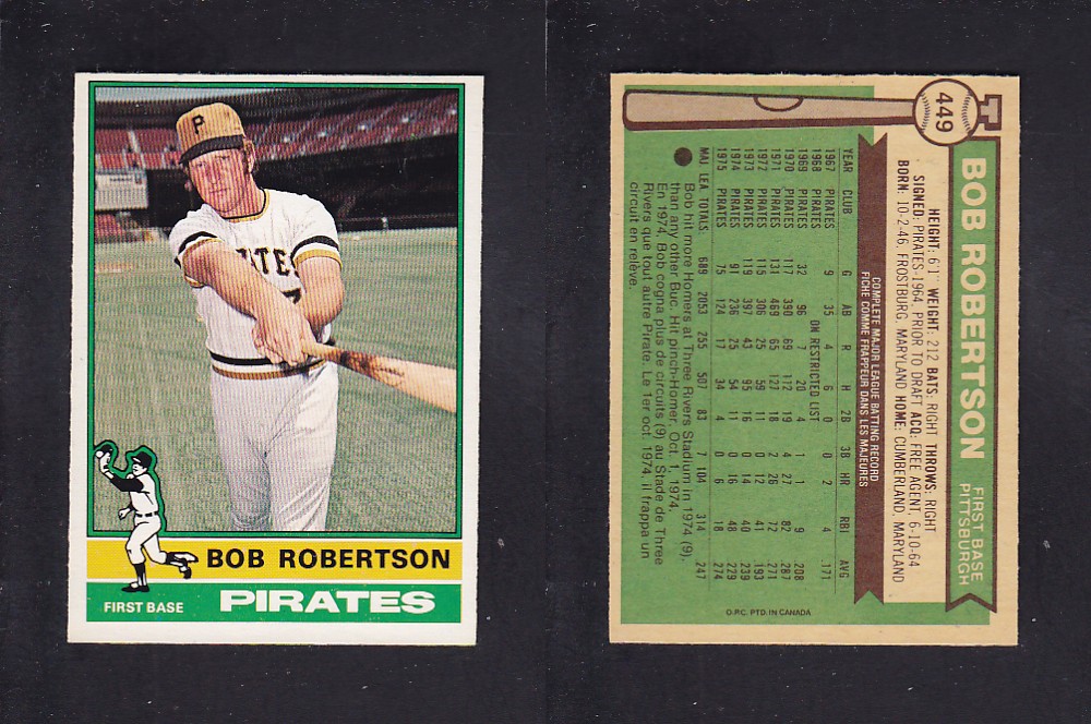 1976 O-PEE-CHEE BASEBALL CARD #449 B. ROBERTSON photo 1976 O-PEE-CHEE BASEBALL CARD #449 B. ROBERTSON photo