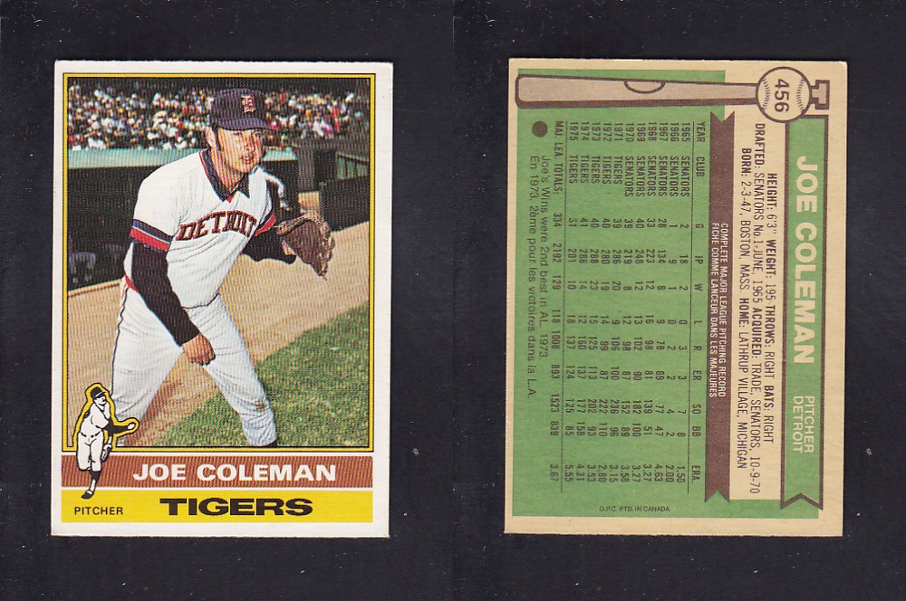 1976 O-PEE-CHEE BASEBALL CARD #456 J. COLEMAN photo