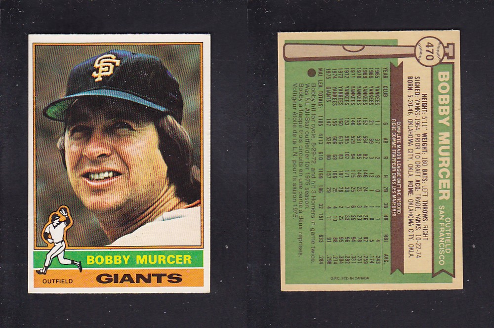 1976 O-PEE-CHEE BASEBALL CARD #470 B. MURCER photo 1976 O-PEE-CHEE BASEBALL CARD #470 B. MURCER photo
