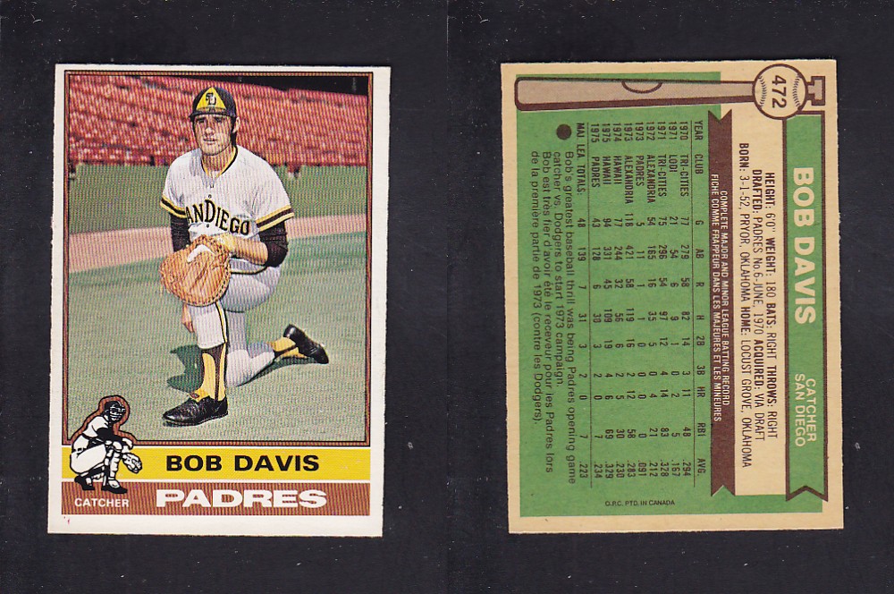 1976 O-PEE-CHEE BASEBALL CARD #472 B. DAVIS photo 1976 O-PEE-CHEE BASEBALL CARD #472 B. DAVIS photo