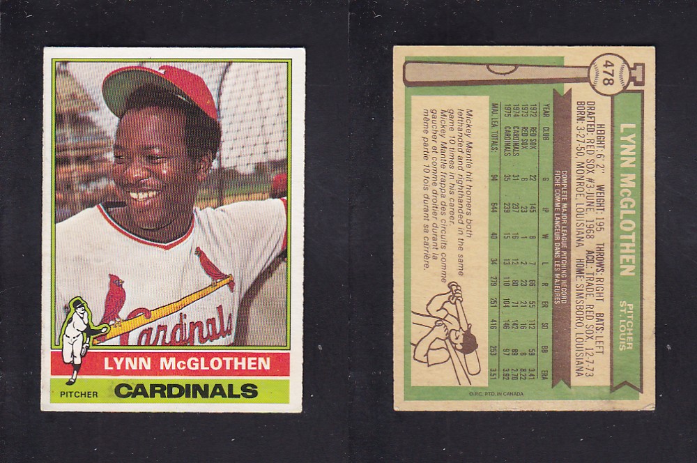 1976 O-PEE-CHEE BASEBALL CARD #478 L. McGLOTHEN photo