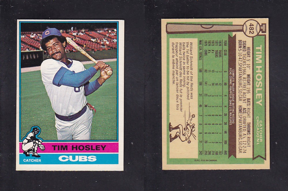1976 O-PEE-CHEE BASEBALL CARD #482 T. HOSLEY photo