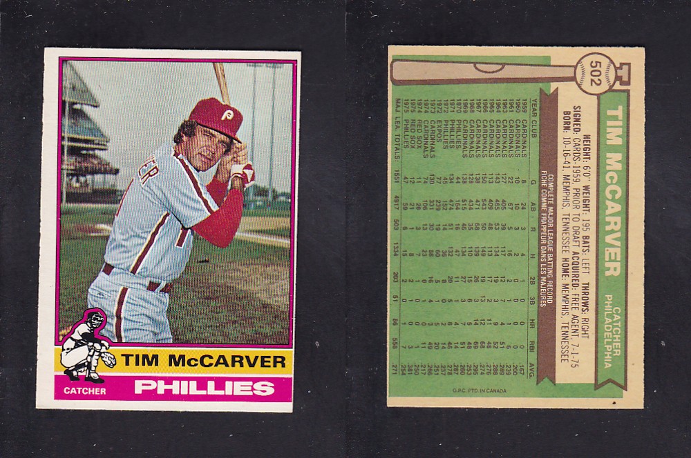 1976 O-PEE-CHEE BASEBALL CARD #502 T. McCARVER photo
