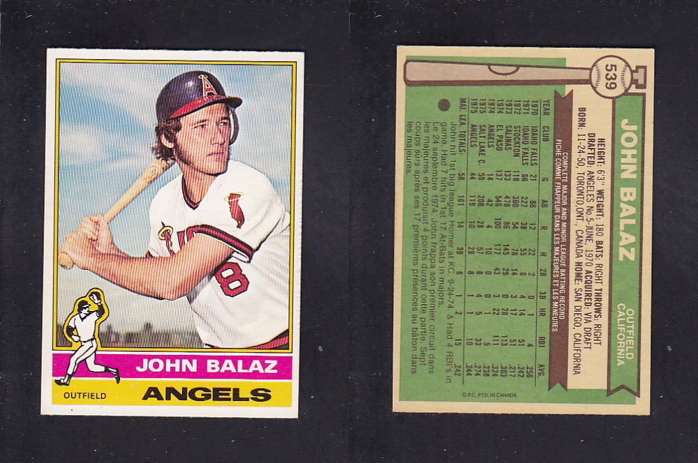 1976 O-PEE-CHEE BASEBALL CARD #539 J. BALAZ photo 1976 O-PEE-CHEE BASEBALL CARD #539 J. BALAZ photo