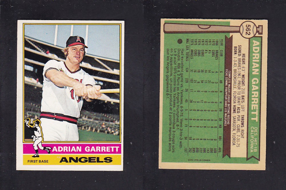 1976 O-PEE-CHEE BASEBALL CARD #562 A. GARRETT photo 1976 O-PEE-CHEE BASEBALL CARD #562 A. GARRETT photo