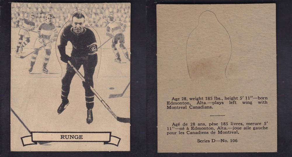 1936-37 O-PEE-CHEE HOCKEY CARD SER. D #106 P. RUNGE photo 1936-37 O-PEE-CHEE HOCKEY CARD SER. D #106 P. RUNGE photo
