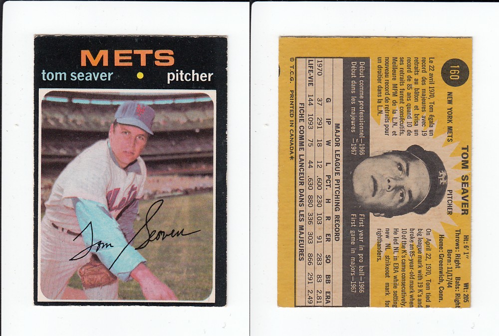 1971 O-PEE-CHEE BASEBALL CARD #160 T. SEAVER photo 1971 O-PEE-CHEE BASEBALL CARD #160 T. SEAVER photo