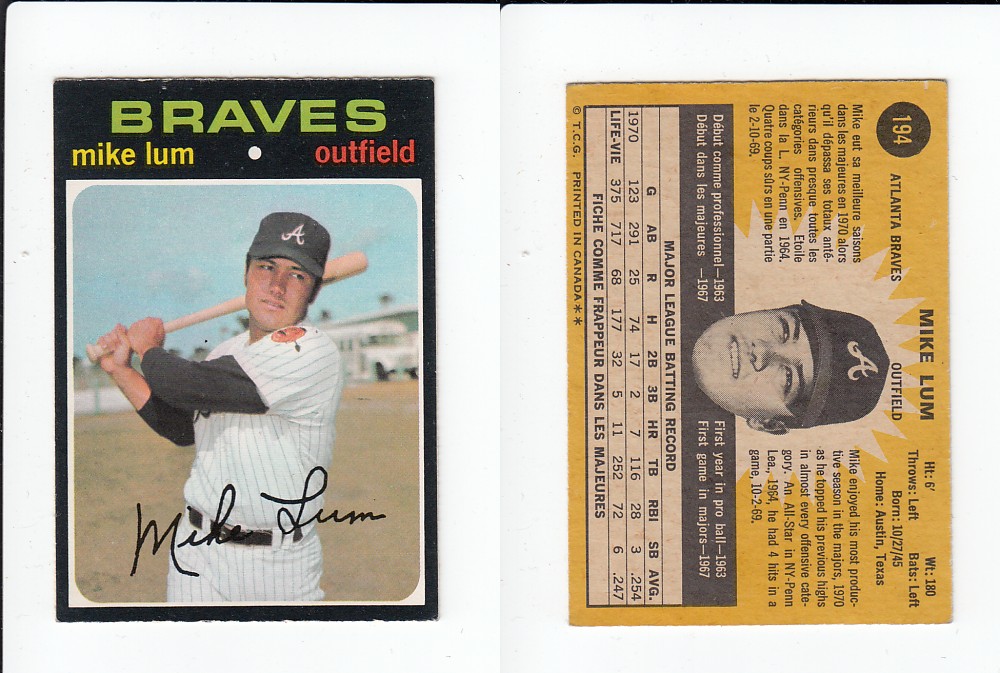 1971 O-PEE-CHEE BASEBALL CARD #194 M. LUM photo 1971 O-PEE-CHEE BASEBALL CARD #194 M. LUM photo