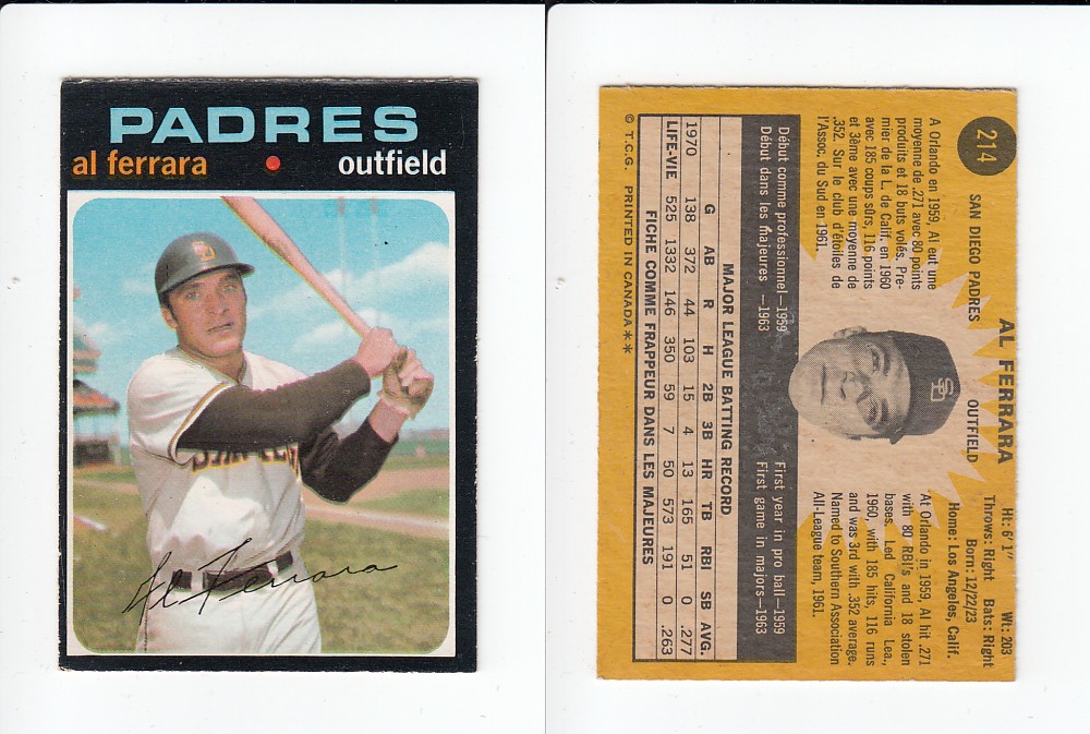 1971 O-PEE-CHEE BASEBALL CARD #214 A. FERRARA photo 1971 O-PEE-CHEE BASEBALL CARD #214 A. FERRARA photo