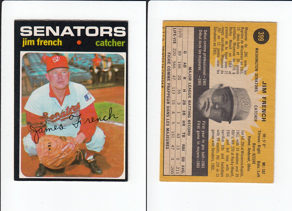 1971 O-PEE-CHEE BASEBALL CARD #399 J. FRENCH photo 1971 O-PEE-CHEE BASEBALL CARD #399 J. FRENCH photo