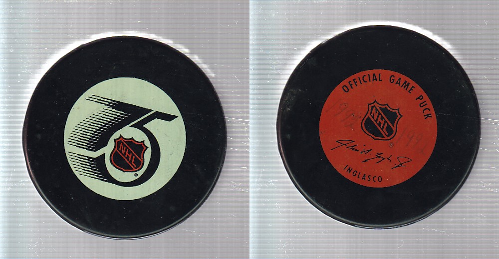 1991-92 IN GLAS CO NHL 75TH ANNIVERSARY GAME PUCK photo 1991-92 IN GLAS CO NHL 75TH ANNIVERSARY GAME PUCK photo