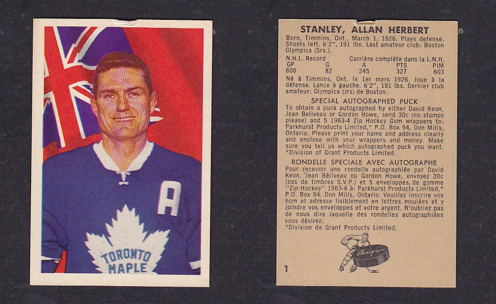 1963-64 PARKHURST HOCKEY CARD #1 A. STANLEY photo 1963-64 PARKHURST HOCKEY CARD #1 A. STANLEY photo