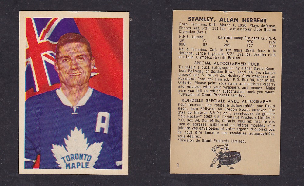 1963-64 PARKHURST HOCKEY CARD #1 A. STANLEY photo 1963-64 PARKHURST HOCKEY CARD #1 A. STANLEY photo