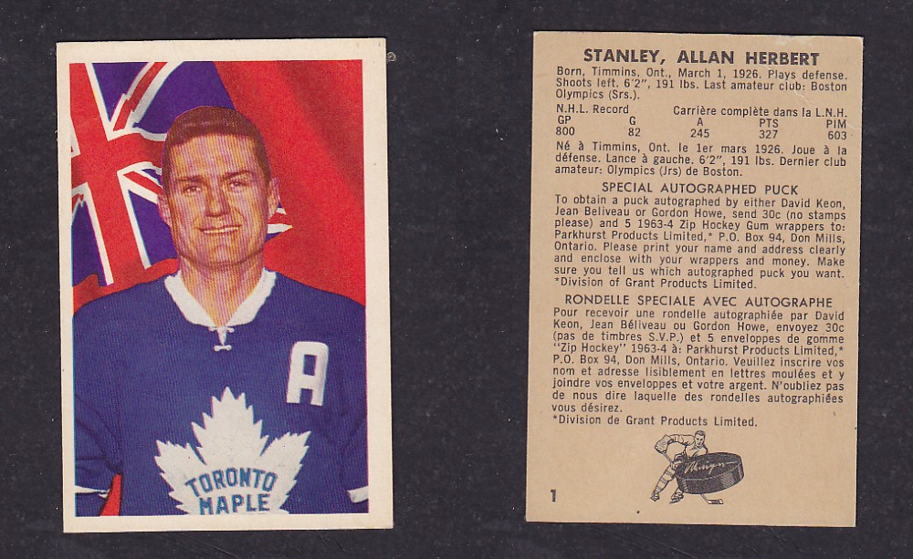 1963-64 PARKHURST HOCKEY CARD #1 A. STANLEY photo 1963-64 PARKHURST HOCKEY CARD #1 A. STANLEY photo