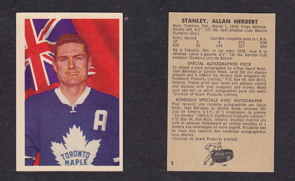 1963-64 PARKHURST HOCKEY CARD #1 A. STANLEY photo 1963-64 PARKHURST HOCKEY CARD #1 A. STANLEY photo
