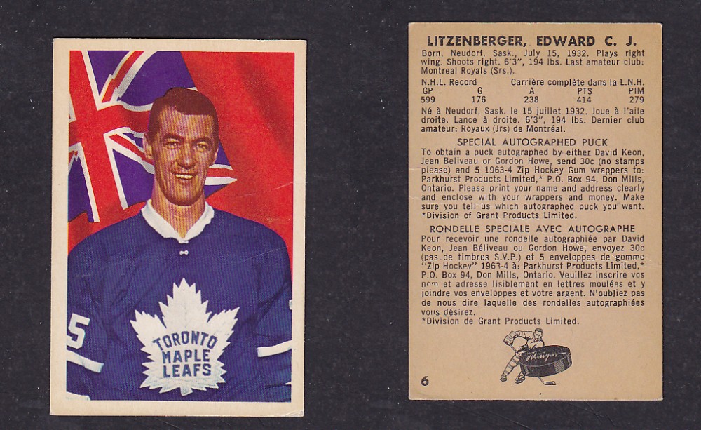 1963-64 PARKHURST HOCKEY CARD #6 E. LITZENBERGER photo 1963-64 PARKHURST HOCKEY CARD #6 E. LITZENBERGER photo