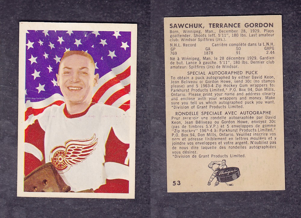 1963-64 PARKHURST HOCKEY CARD #53 T. SAWCHUK photo 1963-64 PARKHURST HOCKEY CARD #53 T. SAWCHUK photo