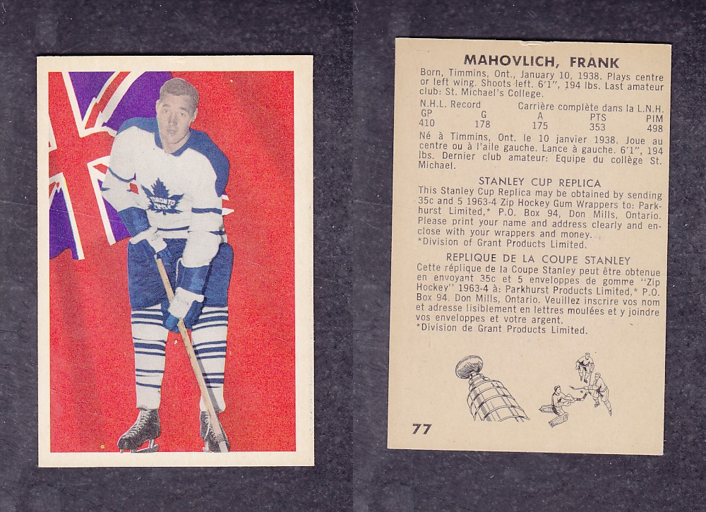 1963-64 PARKHURST HOCKEY CARD #77 F. MAHOVLICH photo 1963-64 PARKHURST HOCKEY CARD #77 F. MAHOVLICH photo