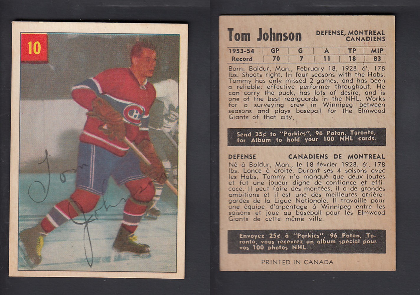 1954-55 PARKHURST HOCKEY CARD #10 T. JOHNSON photo 1954-55 PARKHURST HOCKEY CARD #10 T. JOHNSON photo