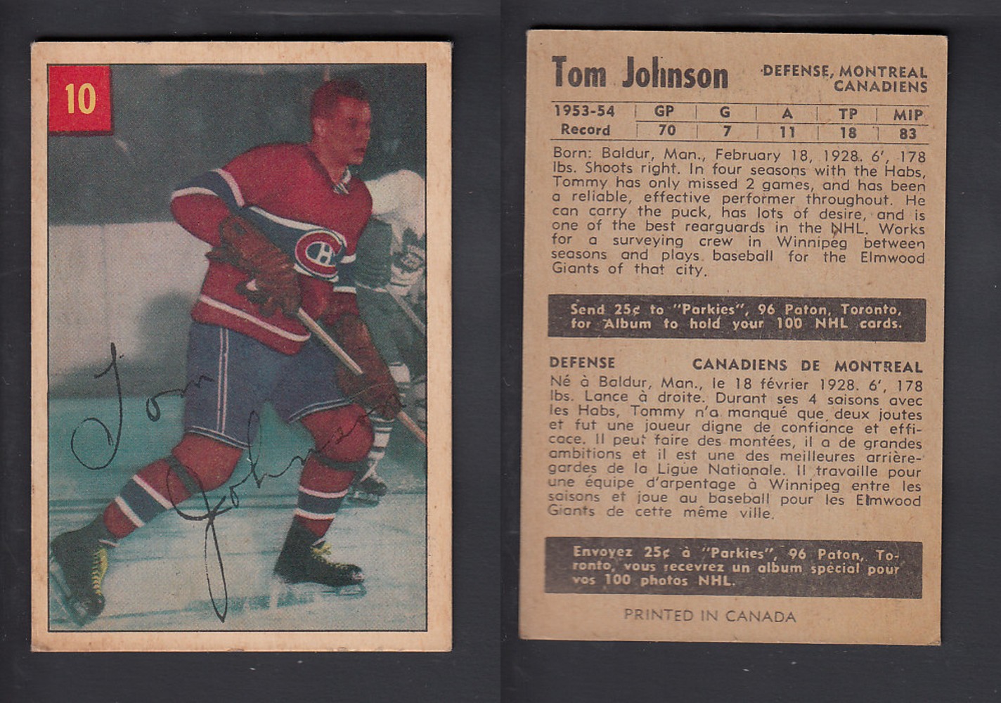 1954-55 PARKHURST HOCKEY CARD #10 T. JOHNSON photo 1954-55 PARKHURST HOCKEY CARD #10 T. JOHNSON photo