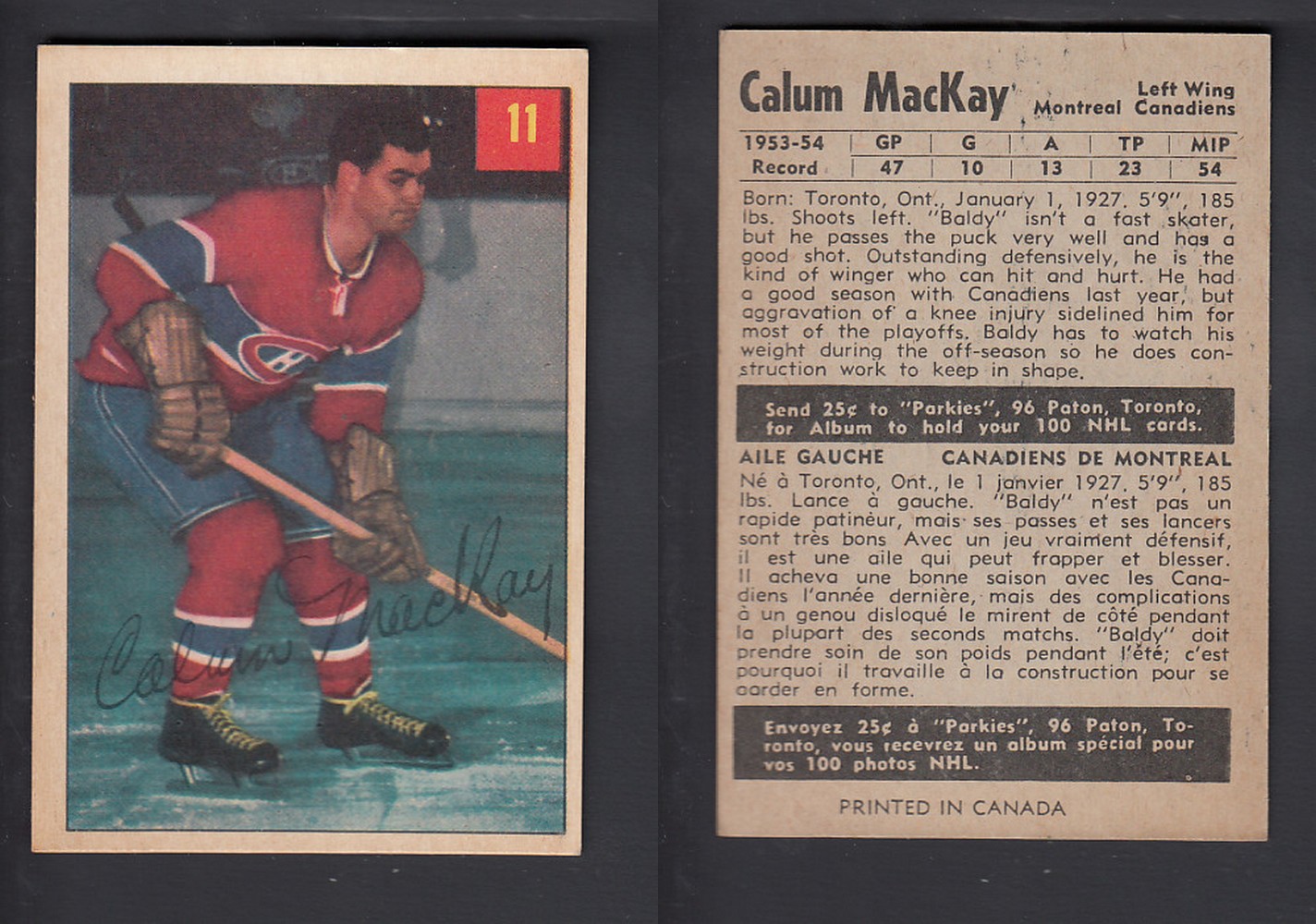 1954-55 PARKHURST HOCKEY CARD #11 C. MACKAY photo 1954-55 PARKHURST HOCKEY CARD #11 C. MACKAY photo
