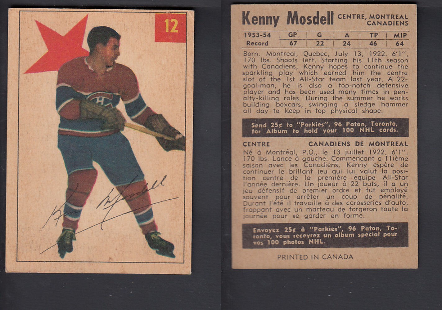 1954-55 PARKHURST HOCKEY CARD #12 K. MOSDELL photo 1954-55 PARKHURST HOCKEY CARD #12 K. MOSDELL photo