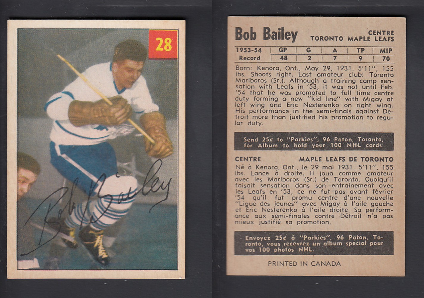 1954-55 PARKHURST HOCKEY CARD #28 B. BAILEY photo 1954-55 PARKHURST HOCKEY CARD #28 B. BAILEY photo