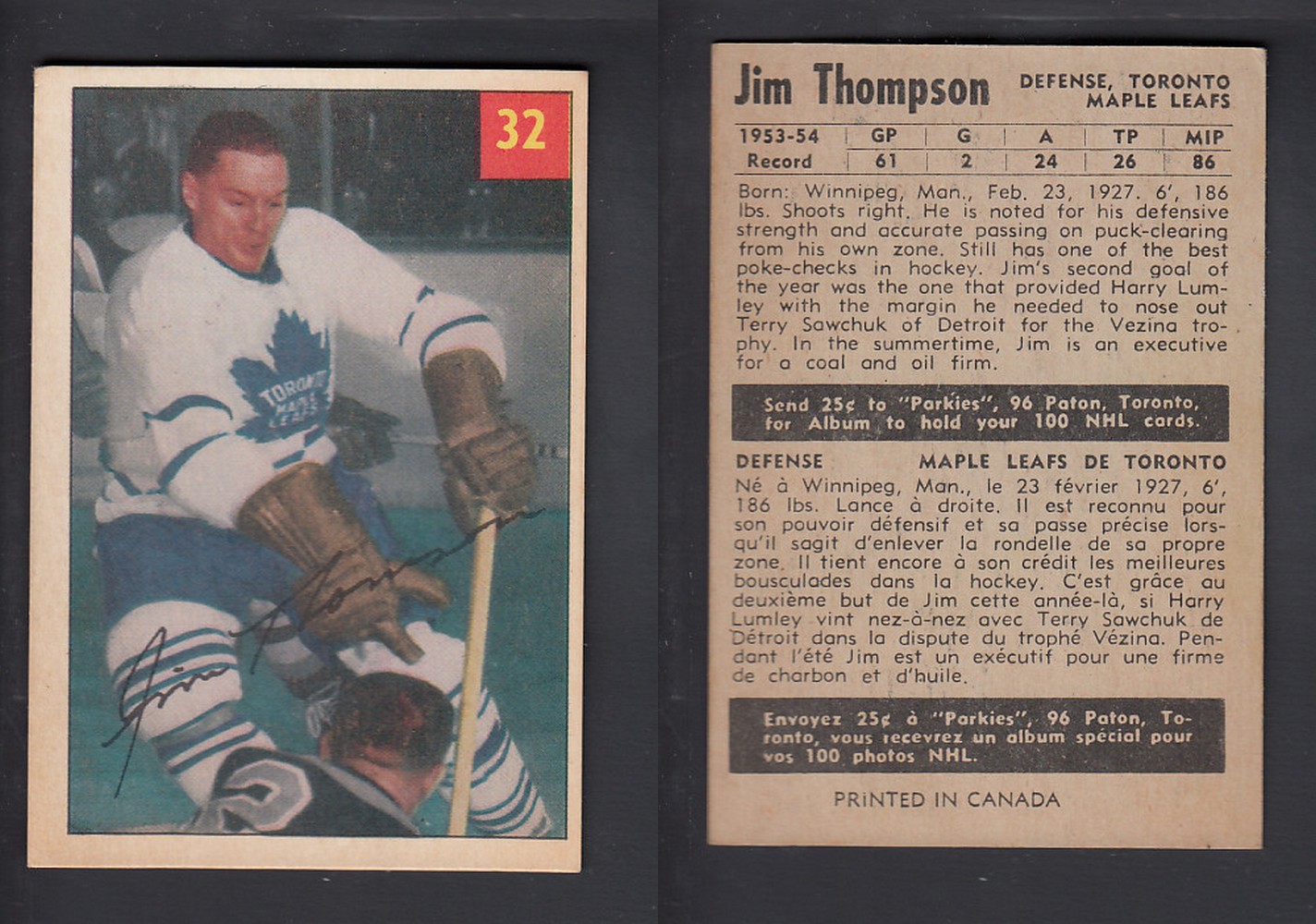 1954-55 PARKHURST HOCKEY CARD #32 J. THOMPSON photo 1954-55 PARKHURST HOCKEY CARD #32 J. THOMPSON photo