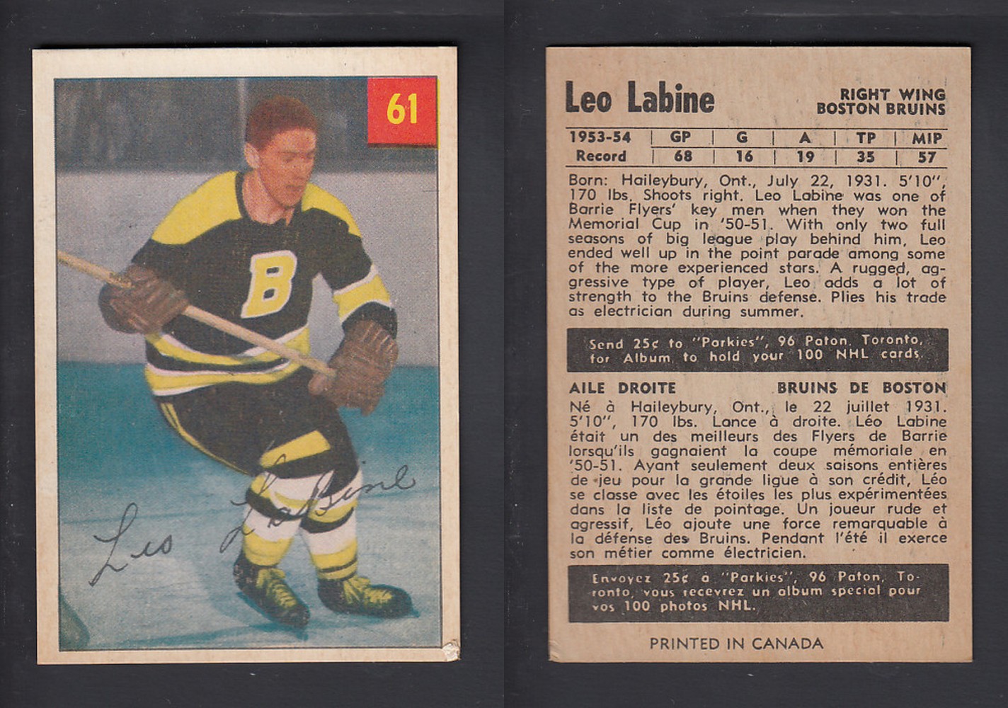 1954-55 PARKHURST HOCKEY CARD #61 L. LABINE photo 1954-55 PARKHURST HOCKEY CARD #61 L. LABINE photo