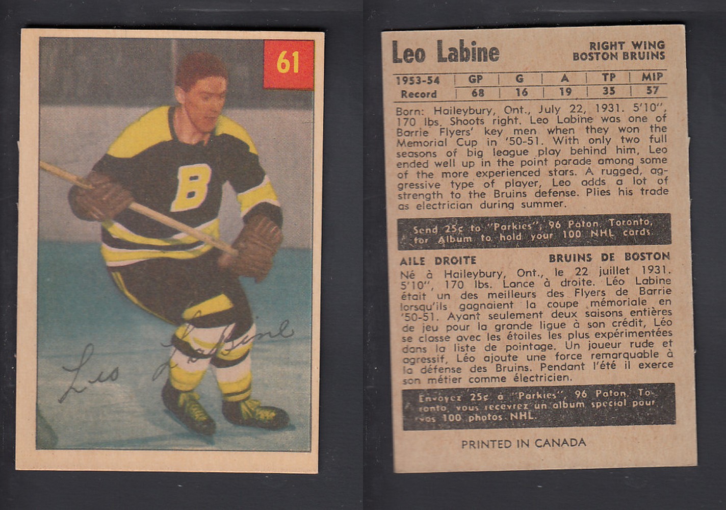 1954-55 PARKHURST HOCKEY CARD #61 L. LABINE photo 1954-55 PARKHURST HOCKEY CARD #61 L. LABINE photo