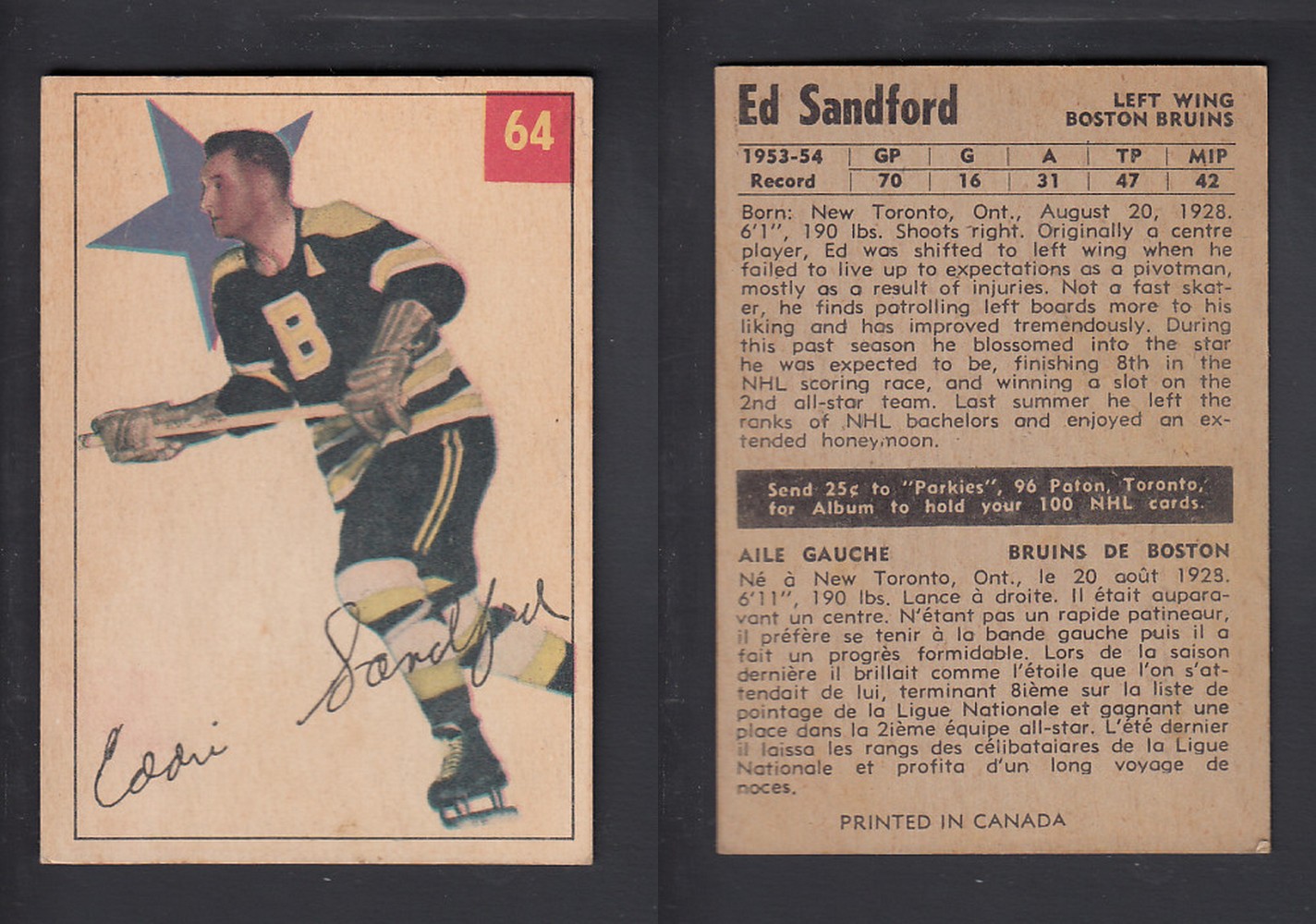 1954-55 PARKHURST HOCKEY CARD #64 E. SANDFORD photo 1954-55 PARKHURST HOCKEY CARD #64 E. SANDFORD photo