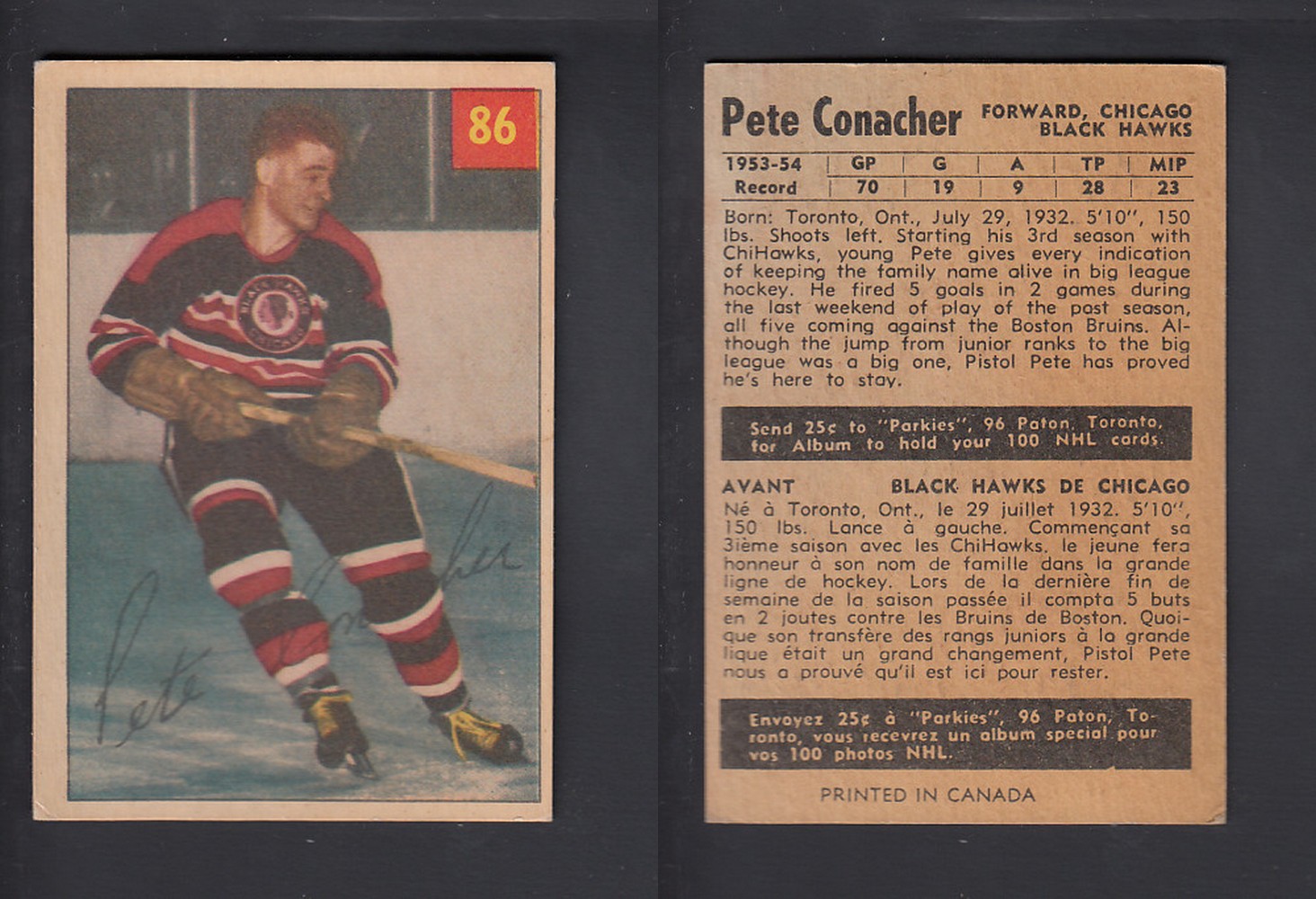 1954-55 PARKHURST HOCKEY CARD #86 P CONACHER photo