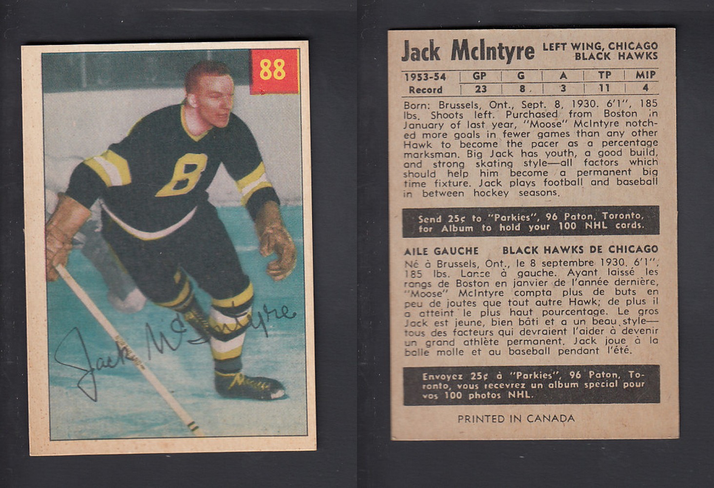 1954-55 PARKHURST HOCKEY CARD #88 J. McINTYRE photo 1954-55 PARKHURST HOCKEY CARD #88 J. McINTYRE photo